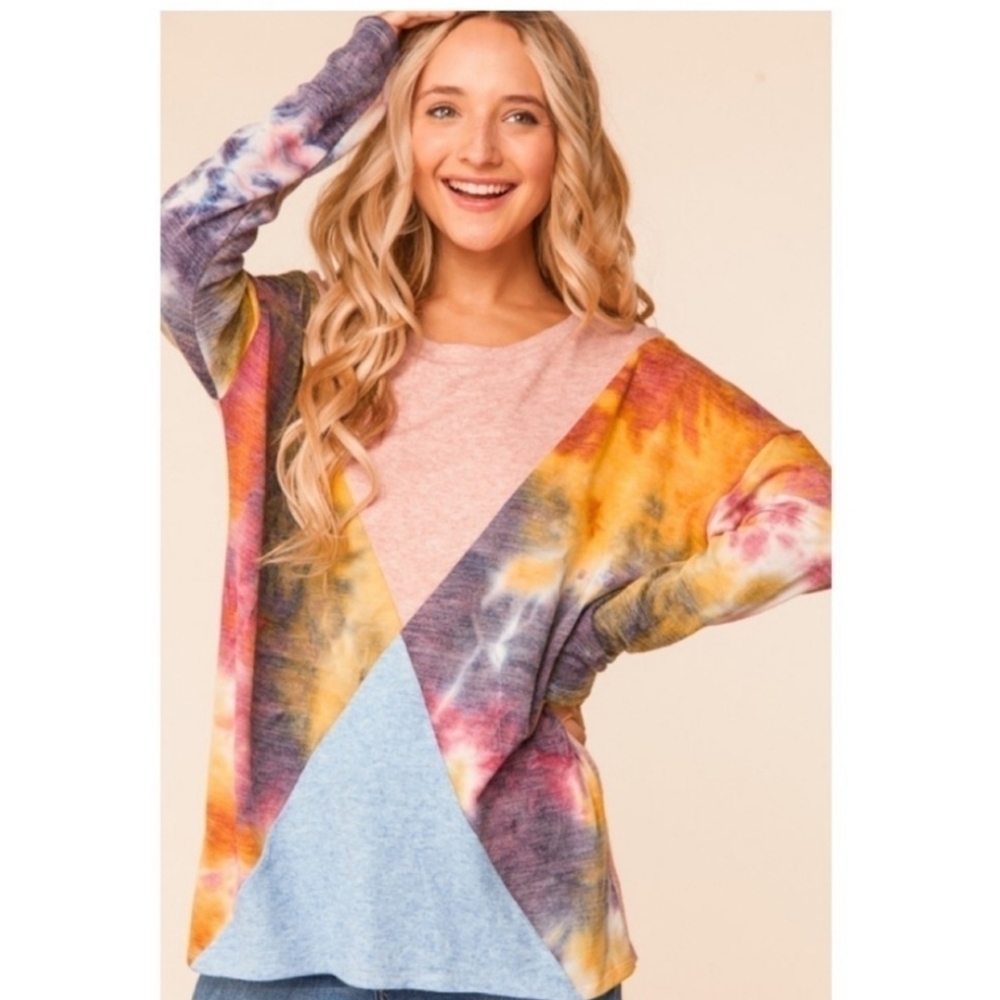 Two Tone Tie Dye Ashley Knit Lightweight Color Block Sweater - Picture 7 of 12